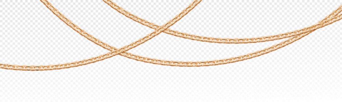 Realistic isolated gold vector jewelry chain set. 3d golden crossing metal jewellery object border decoration. Luxury stripe image design of yellow chunky link line on transparent background.