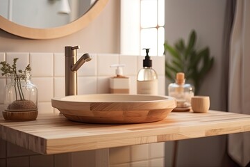 Fototapeta na wymiar modern bathroom sink with a stylish wooden bowl on top. Generative AI
