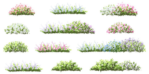 Vector watercolor blooming flower tree side view isolated on white background for landscape and architecture drawing, elements for environment and garden,botanical elements for section in spring 