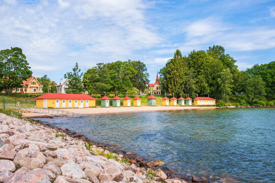 View at beach huts on the beach at the city Hjo in Sweden