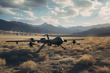 Modern military black drone in field. Generative AI