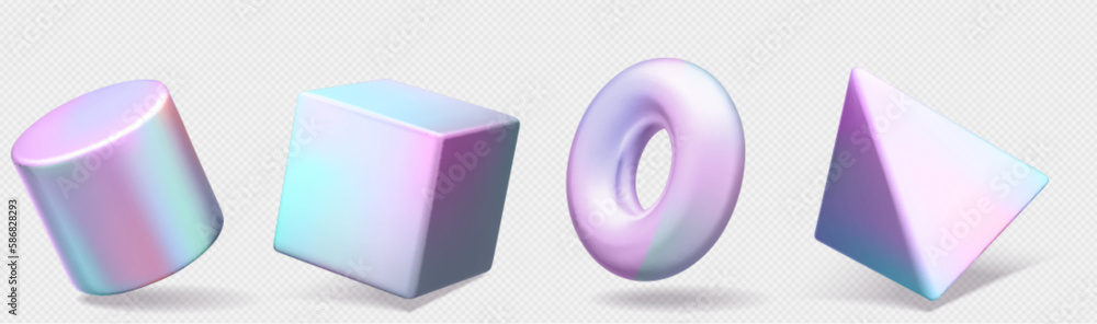 Poster 3d abstract geometric hologram shape render vector. realistic isolated cube, pyramid and donut holog