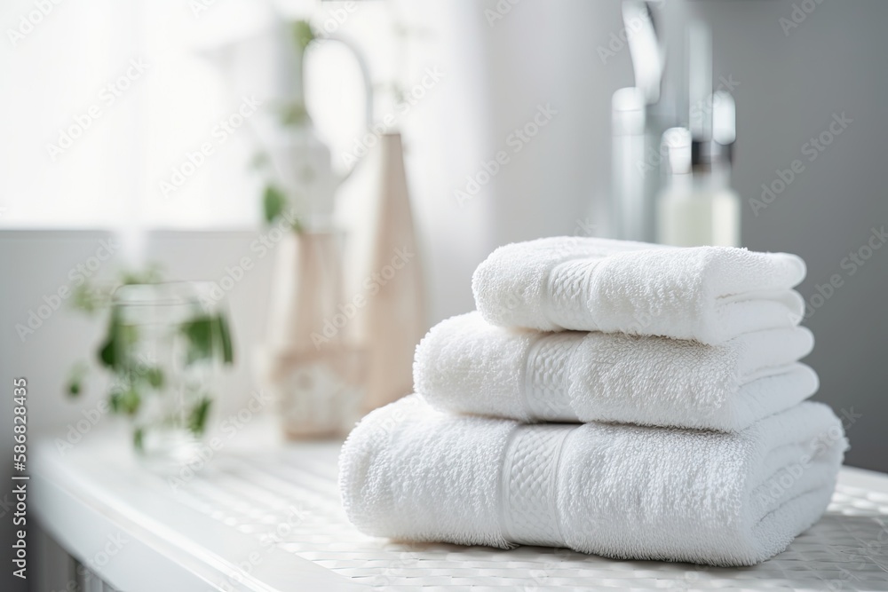 Poster neat and tidy stack of white towels on a pristine white counter. generative ai