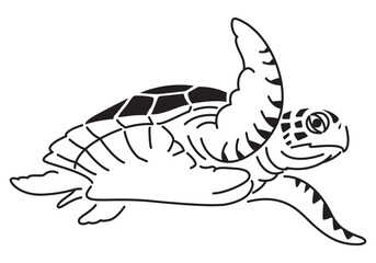 Naklejka premium sea turtle drawing swimming, black illustration on white background.