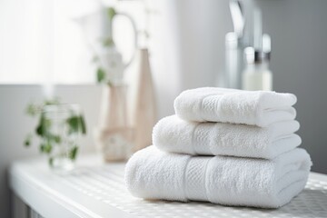 Fototapeta na wymiar neat and tidy stack of white towels on a pristine white counter. Generative AI