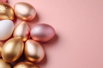 stack of white and gold eggs on a pastel pink background. Generative AI