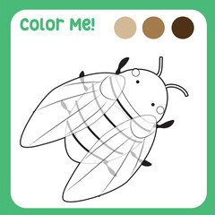 Colour me: colouring page kids with insects theme of a fly. Coloring activity for children. Coloring animal worksheet. Black and white vector illustration. Motoric skills education. Vector file. 