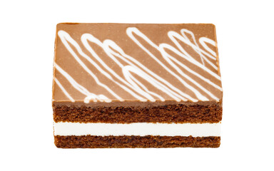 Three-layer chocolate cake dark dough with stripes, side view, isolated on white background with clipping path