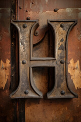 Letter H rusted metal texture with rusty metal bolts. Capital H,  peeling paint from metal texture for Graphic resource, video games and word clip art. Created with Generative AI