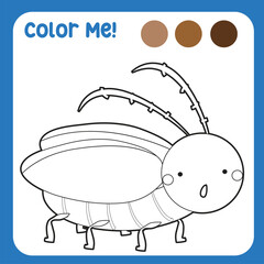 Colour me: colouring page kids with insects theme a cute cockroach. Coloring activity for children. Coloring animal worksheet. Black and white vector illustration. Motoric skills education. 