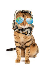 A cat with a headband and colored glasses on a white background. Diva cat, fashionable pet.