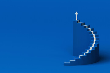 White arrow following the spiral staircase of growth on blue background, 3D arrow climbing up over spiral staircase, 3d stairs with arrow going upward, 3d rendering - obrazy, fototapety, plakaty