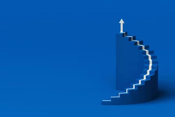 Foto op Canvas White arrow following the spiral staircase of growth on blue background, 3D arrow climbing up over spiral staircase, 3d stairs with arrow going upward, 3d rendering © AITTHIPHONG