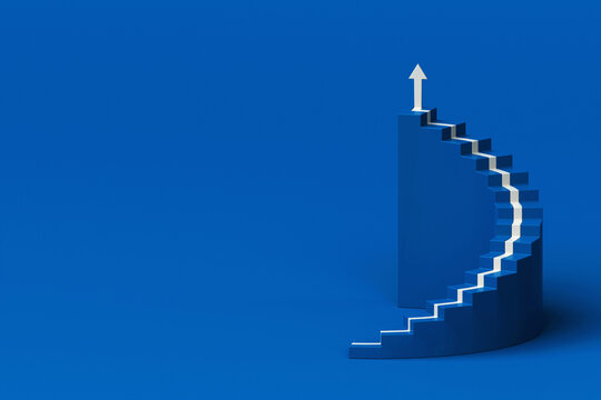 White arrow following the spiral staircase of growth on blue background, 3D arrow climbing up over spiral staircase, 3d stairs with arrow going upward, 3d rendering