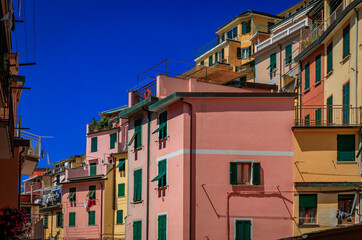 Fototapeta na wymiar Traditional colorful houses on a hillside in Riomaggiore, Cinque Terre, Italy