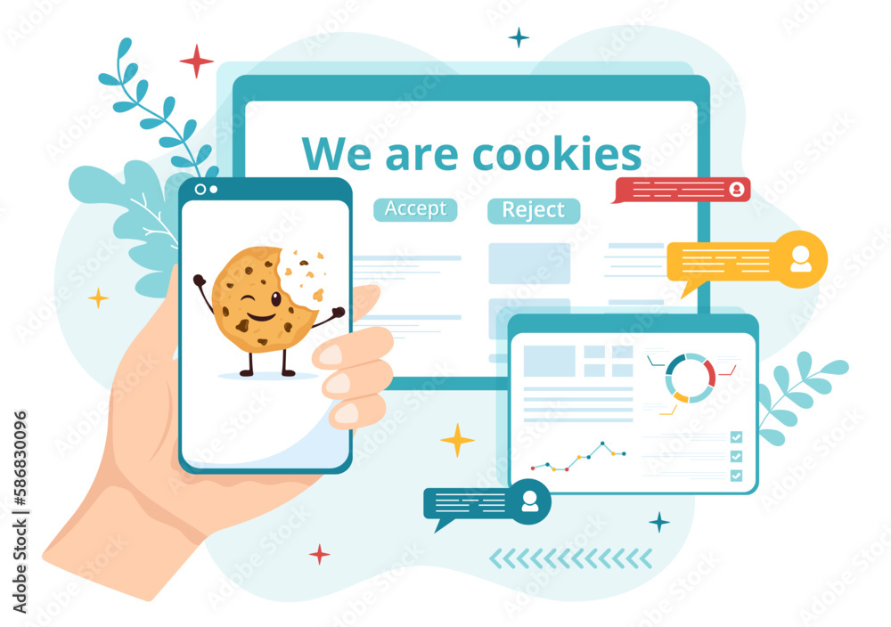 Wall mural internet cookies technology illustration with track cookie record of browsing a website in flat cart