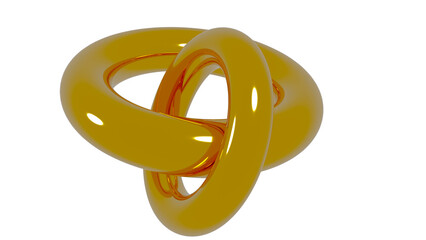 Abstract 3d-illustration as a rendering of two golden rings isolated with some reflections in the bright light as a symbol for the love of a pair and cohesion
