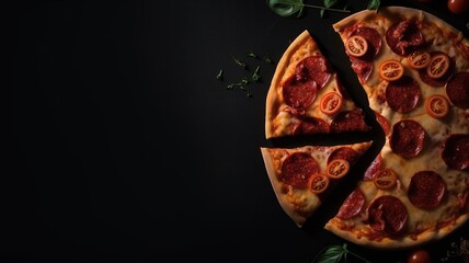 Slice of Pizza in dark background with space for text, mockup illustration with Generative AI