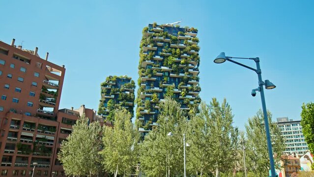 The Bosco Verticale with trees, shrubs, perennials, and ground cover line the facade of two residential towers.
Modern buildings in the Porta Nuova district of Milan, region of Lombardy, Italy.