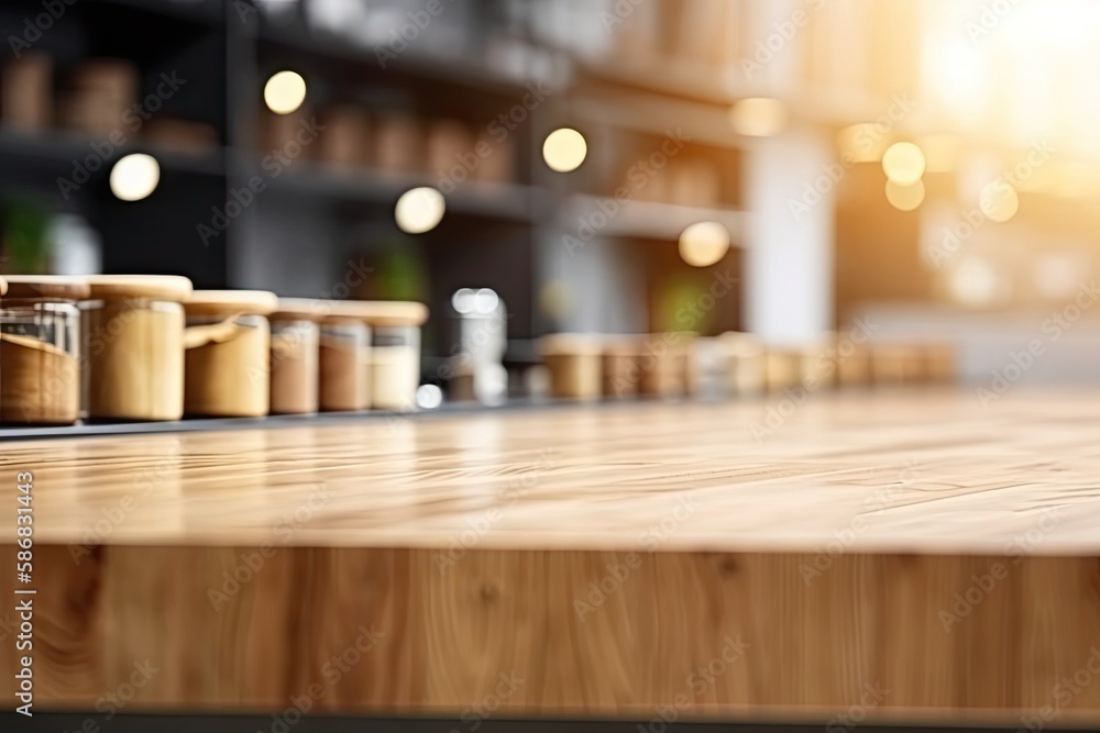 Poster rustic wooden table adorned with a colorful row of glass jars. generative ai