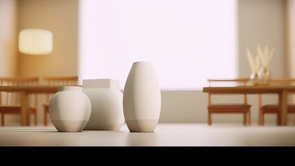 An abstract composition featuring a collection of ceramic vases in two-tone colors, arranged in an artistic display: photorealistic illustration, Generative AI