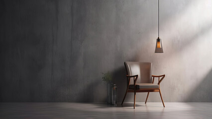 Abstract still life composition with a sunlit chair, set against a backdrop of concrete wall and floor, with a pendant light casting a soft glow: photorealistic illustration, Generative AI