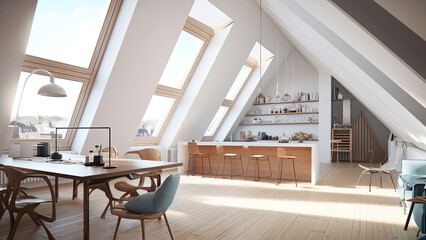 A bright and airy kitchen with a top floor location, pitched roof, skylights, high ceiling, sunlit ambiance, and spacious wood floor: photorealistic illustration, Generative AI
