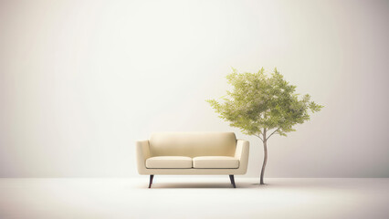 An image featuring an off-white wall and floor, a small sofa, and a tree, evoking a minimalist and naturalistic aesthetic: photorealistic illustration, Generative AI