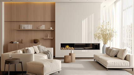 A contemporary living room with white furniture, a fireplace, a high ceiling, a comfortable sofa, and a panoramic park view: photorealistic illustration, Generative AI