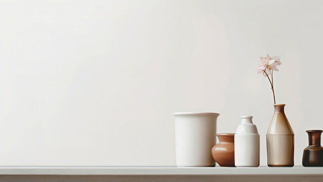 An abstract composition featuring a flower in a vase with other ceramic objects on a table, set against an off-white colored empty wall: photorealistic illustration, Generative AI