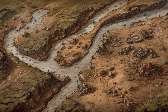 Muddy battlefield map with trench illustration with Generative AI