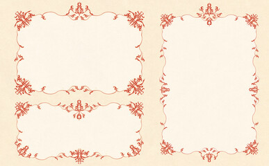 ビンテージで豪華なレッドの唐草模様フレームセット サンドベージュ背景 イラスト素材 色違い・差分有