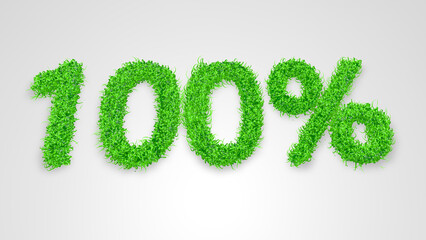 100 percent written with 3D green grass on white background. Concept illustration of 100 percent price discount. Seasonal sale. Banner for advertising.