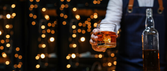Bartender Serve Whiskey, on wood bar, 