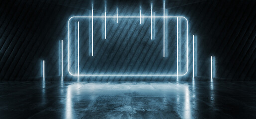 Grunge Basement Neon Blue Glowing Rectangle Light Futuristic Alien Sci Fi On Cement Stone Stone Cement Wall Realistic Garage Showroom Tunnel Studio Stage 3D Rendering