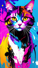 Cat with abstract beauty, looking at the camera, psychedelic colors, dynamic, highly detailed, digital painting, smooth, sharp focus, illustration Generative AI