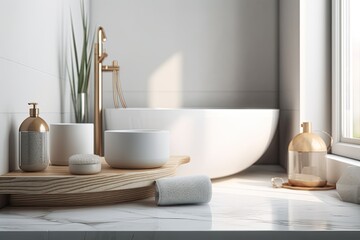 Fototapeta na wymiar modern bathroom with a freestanding bathtub, an elegant sink, and natural light from a large window. Generative AI