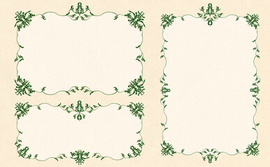 ビンテージで豪華なグリーンの唐草模様フレームセット サンドベージュ背景 イラスト素材 色違い・差分有