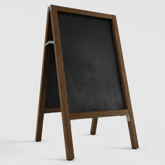 Standing coffee shop signage board with black chalkboard and easel wooden frame realistic mockup design template