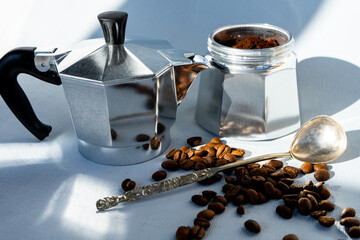 Geyser coffee maker. Silver geyser  machine is a device for the kitchen. fragrant coffee. The...