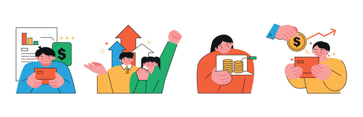 Finance and people, accounts for household economic growth, investment plan management. Plan, grow, cheer. Vector illustration.