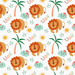 sleepy lion, sun, and cloud seamless pattern design