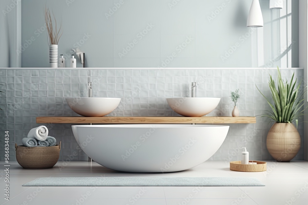 Poster modern bathroom with double sinks and a large mirror. generative ai