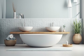 Fototapeta na wymiar modern bathroom with double sinks and a large mirror. Generative AI
