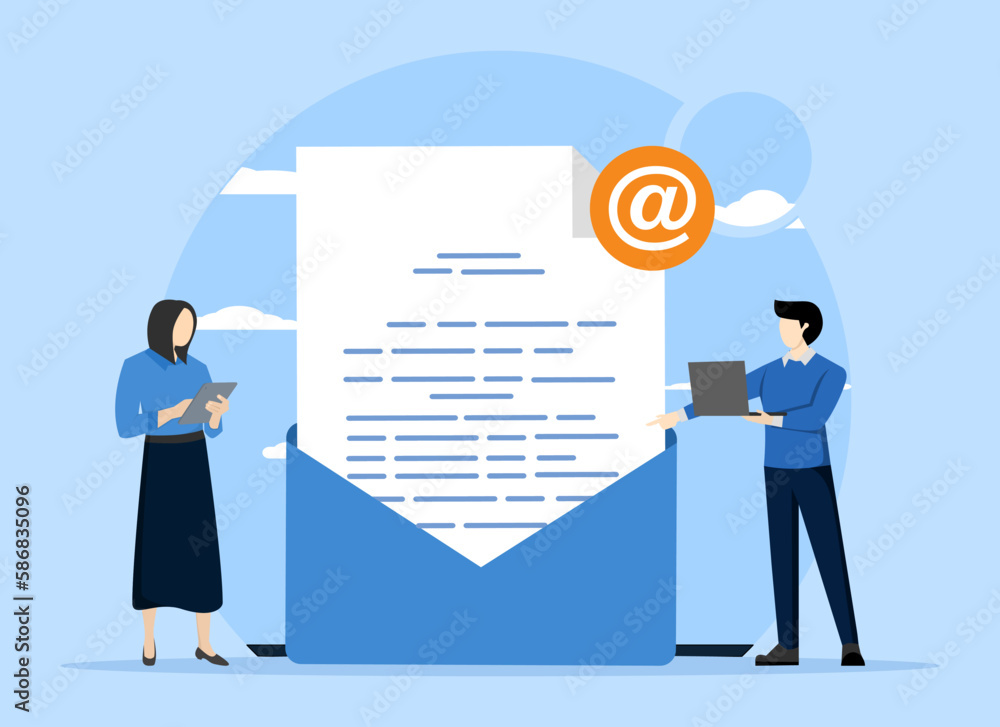Poster send and receive email messages. people use electronic mail through computers. character with laptop