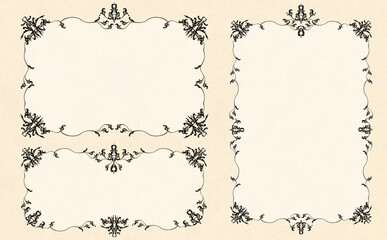 ビンテージで豪華な黒の唐草模様フレームセット サンドベージュ背景 イラスト素材 色違い・差分有