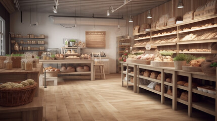 Obraz na płótnie Canvas Blurred organic, eco-friendly vegan grocery, bakery store with wooden wall, parquet floor, variety of bread, bun, snack on shelf for healthy shopping lifestyle, interior design decoration background