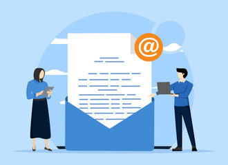 Send and receive email messages. People use electronic mail through computers. Character with laptop receiving email. New incoming sms, chat on social networks, spam. Email marketing campaign