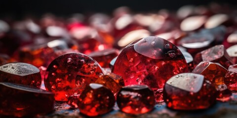 Vibrant ruby red gemstone chips, sparkling and lustrous crystals scattered on rocky floor, shallow depth of field bokeh blur, macro closeup  - generative AI.