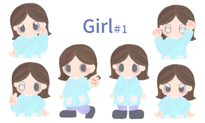 Obraz premium 青い服を着た女性のセットイラスト